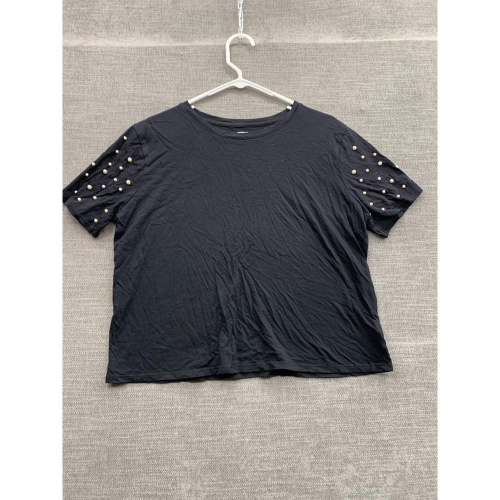 Express Skimming T-Shirt Women Large Black Cotton Pearl Embellished Short Sleeve